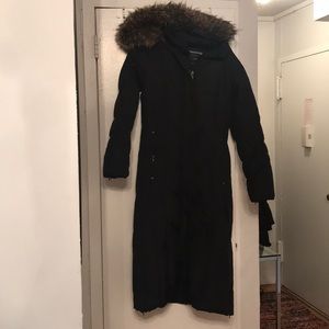 Warm long black down coat with removable hood